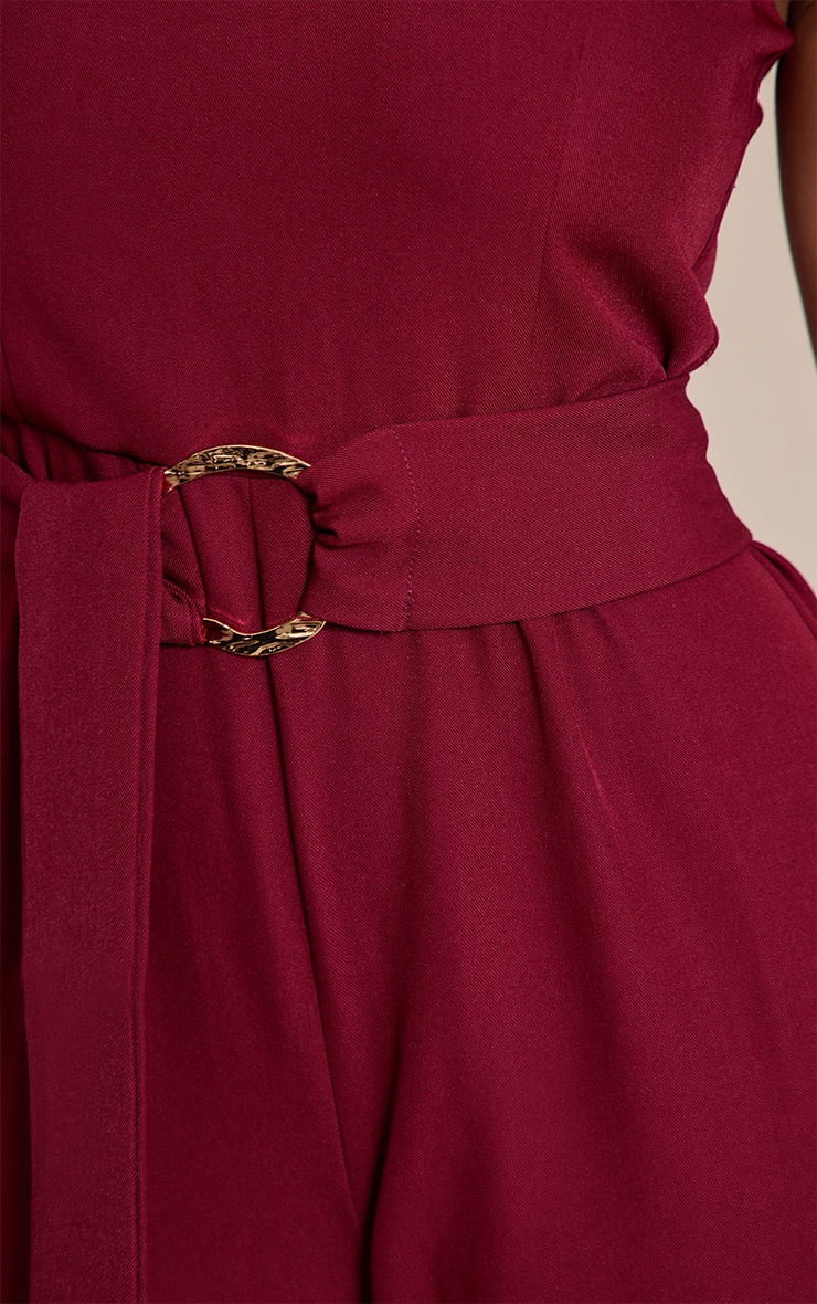 Burgundy Woven Crew Neck Belt Wide Leg Jumpsuit