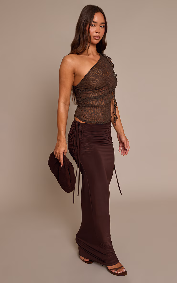 Dark Chocolate Double Layer Slinky Ruched Side Maxi Skirt