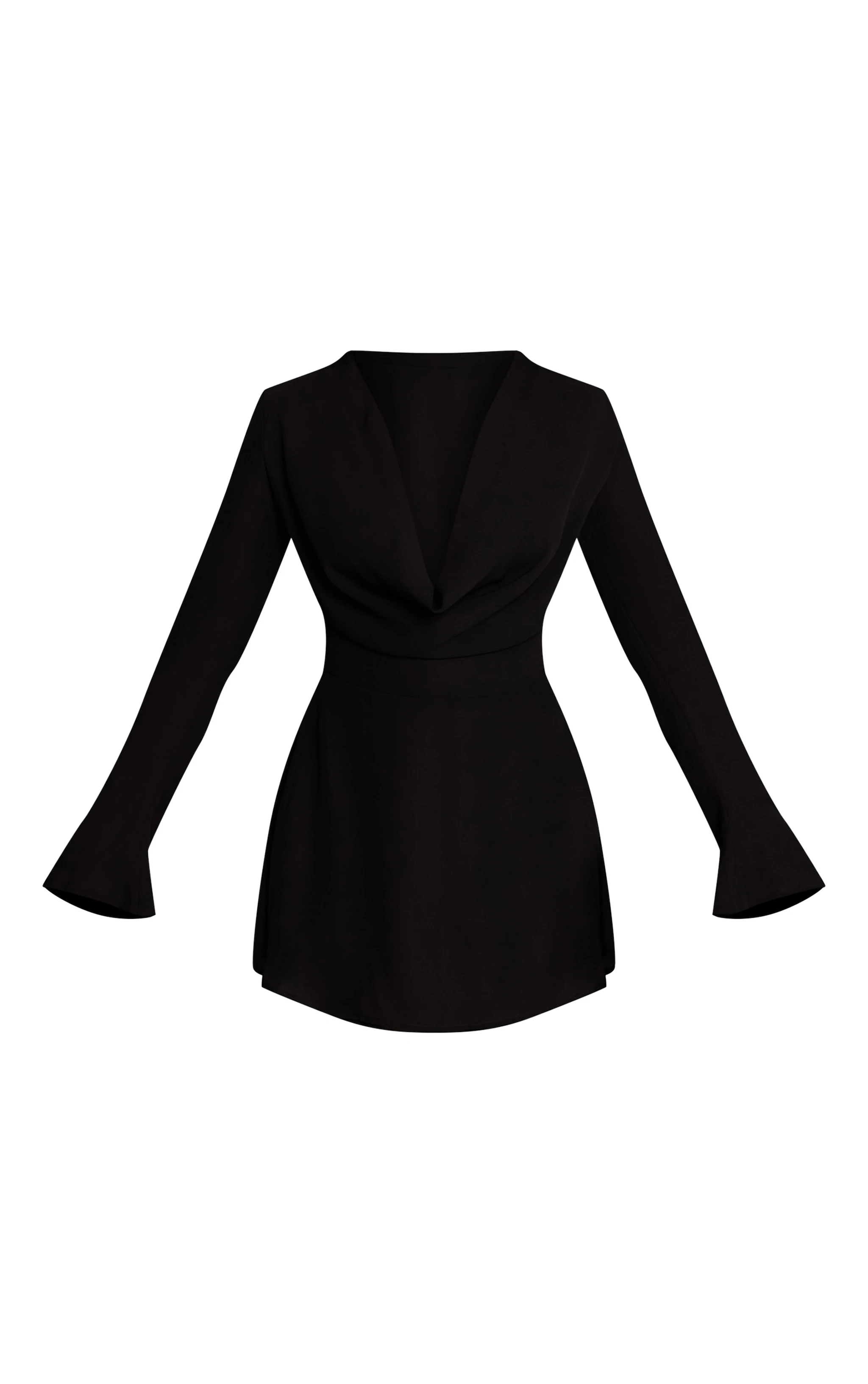 Black Chiffon Cowl Neck Flute Sleeve Shift Dress