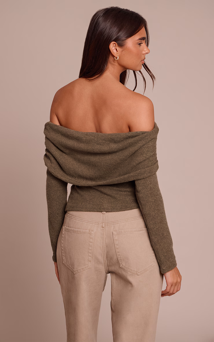 Olive Textured Wool Look Fold Over Detail Long Sleeve Top