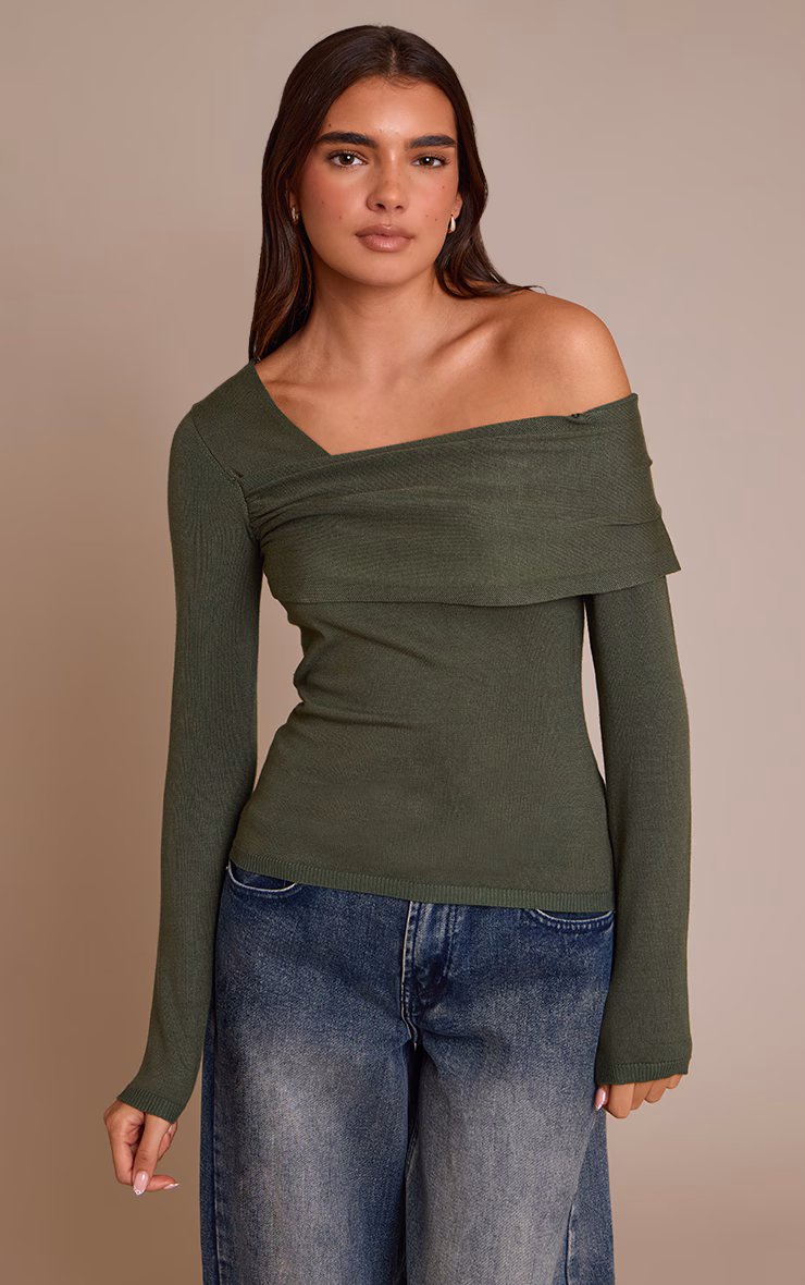 Olive Long Sleeve Asymmetric Shoulder Knitted Top