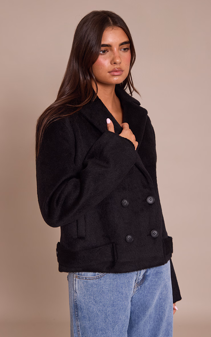 Black Brushed Wool Cropped Trench Coat