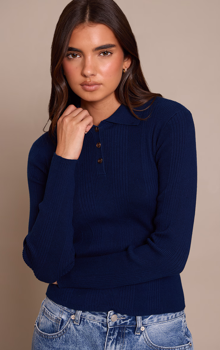 Navy Ribbed Knit Long Sleeved Polo Top