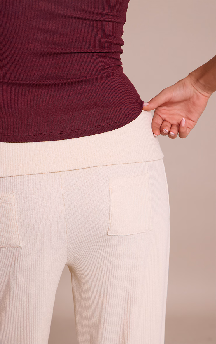 Cream Thick Rib Fold Over Pocket Detail Wide Leg Pant