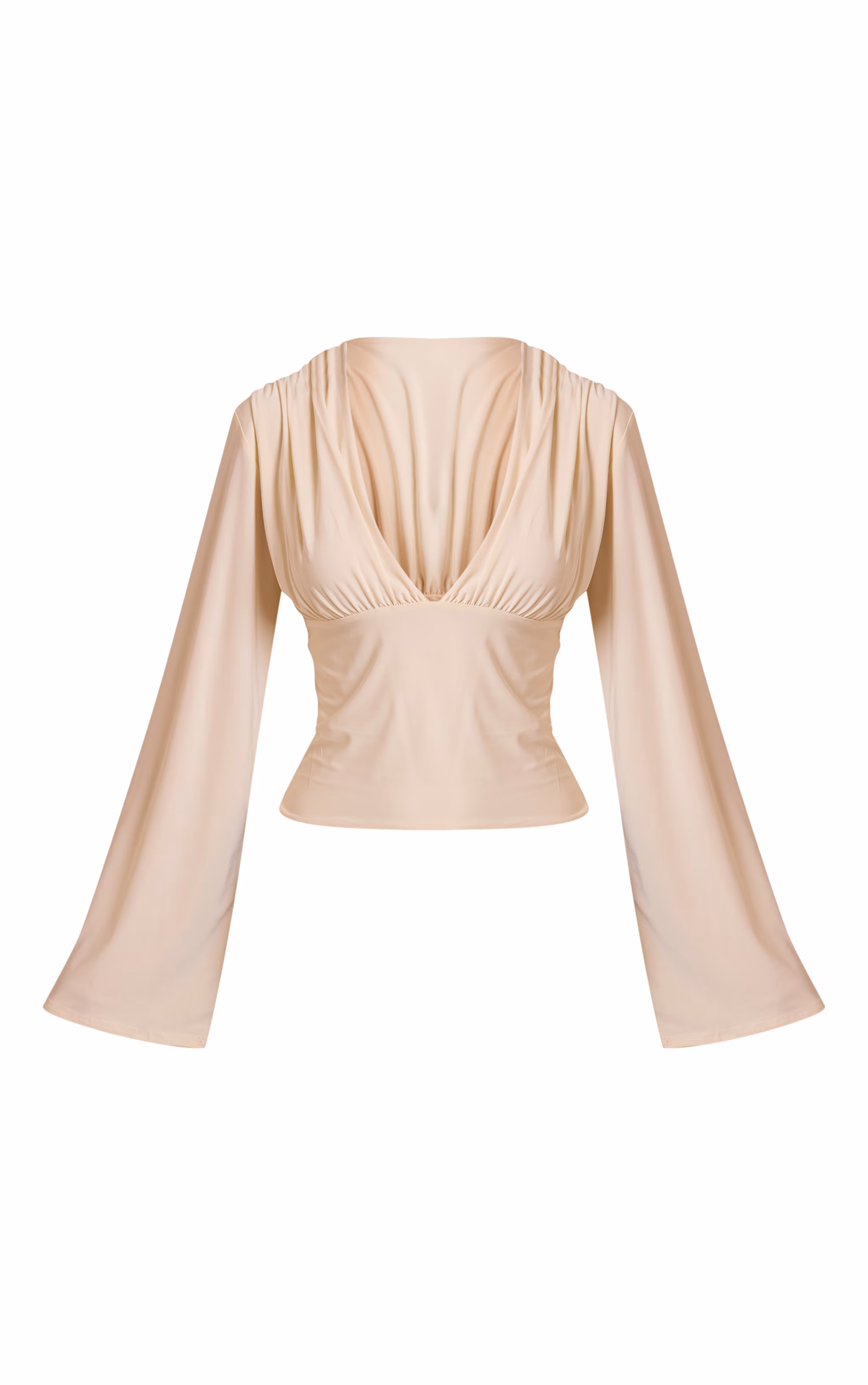 Cream Double Layer Slinky Drape Plunge Long Sleeve Long Top
