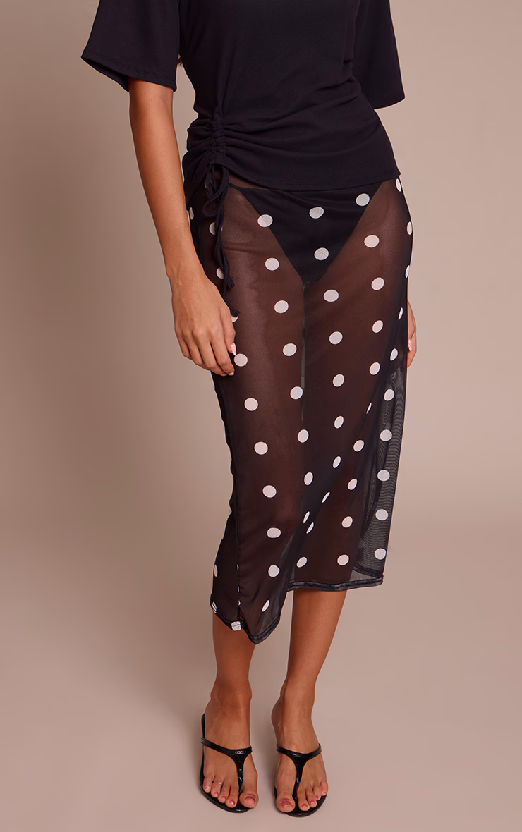 Black Mesh Polka Dot Midi Skirt