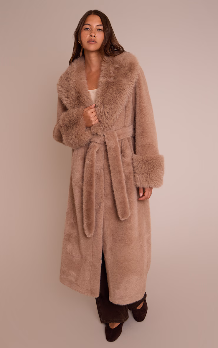 Mushroom Faux Fur Self Tie Oversized Coat