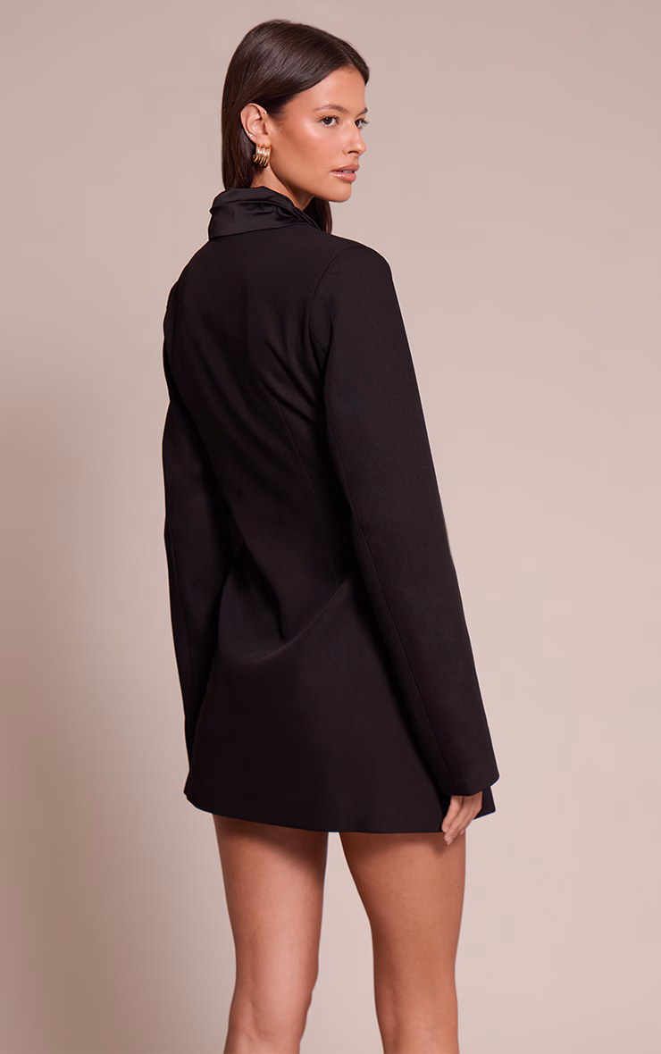 Black Woven Pleated Detail Blazer Dress