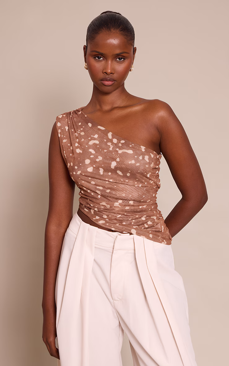 Printed Mesh Asymmetric One Shoulder Top