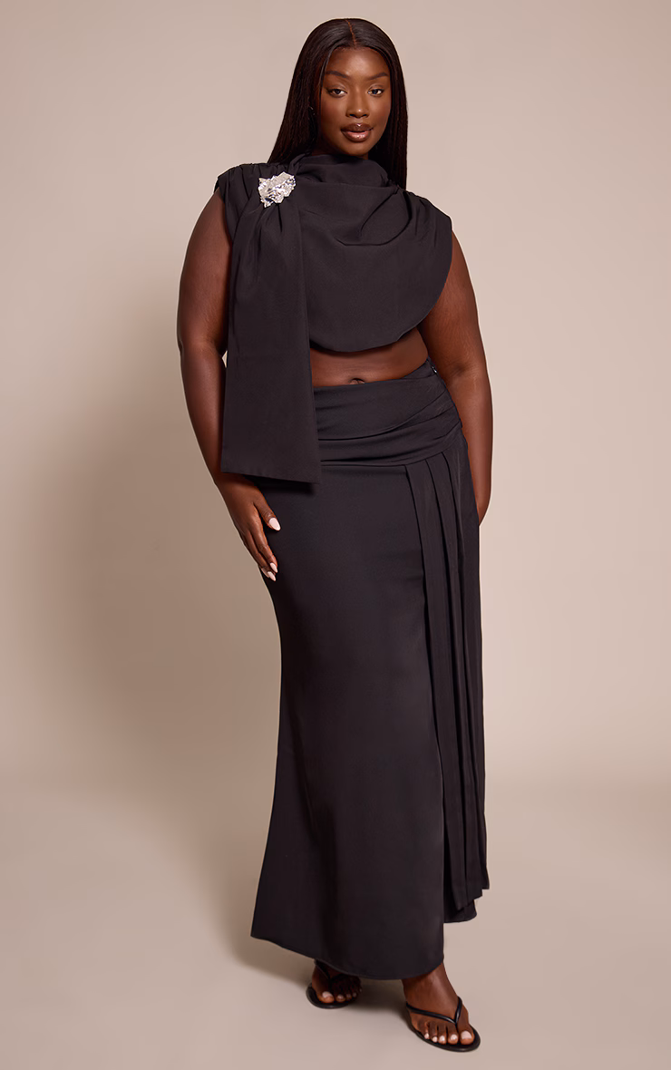Plus Premium Black Woven Draped Fishtail Maxi Skirt