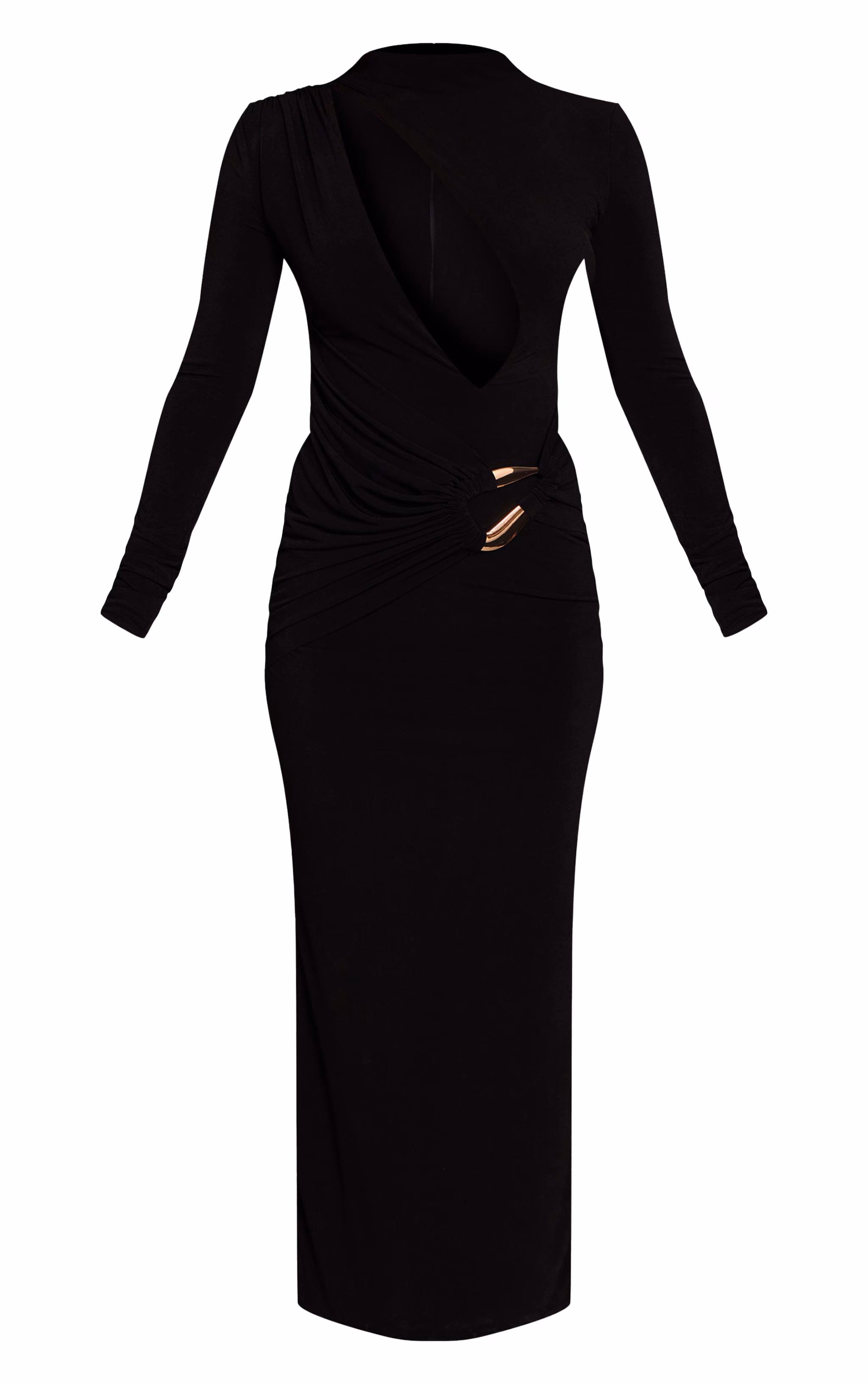 PLT Label Black Double Layer Slinky Trim Detail Asymmetric Plunge Maxi Dress