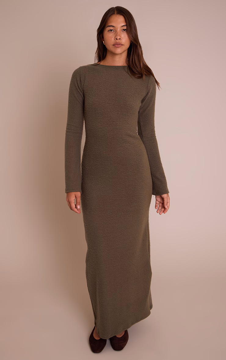 Khaki Brushed Tie Back Long Sleeve Maxi Dress