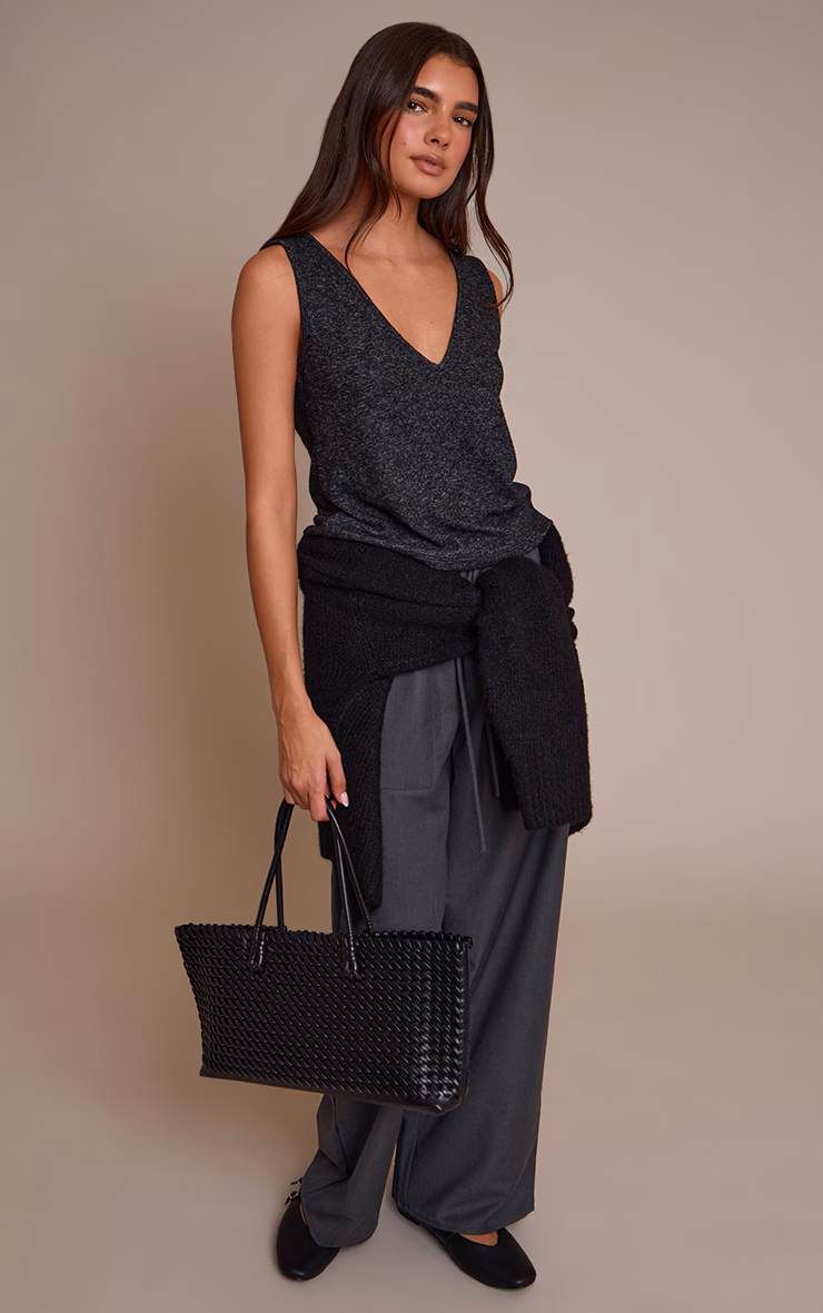 Charcoal Soft Knit V Neck Slouchy Vest Top