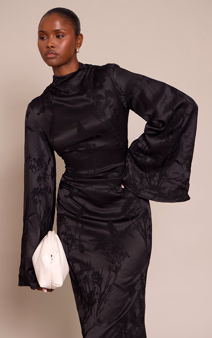 Black Floral Jacquard High Neck Flared Sleeve Maxi Dress