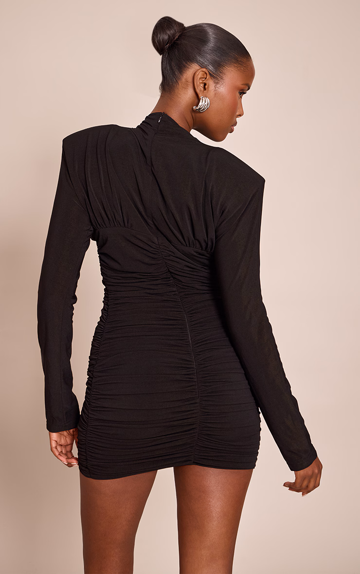 Black Ruched Long Sleeve Bodycon Dress