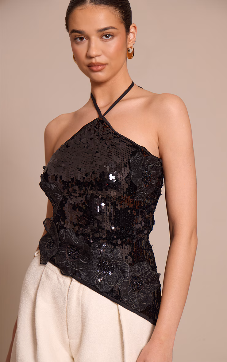 Black Sequin Flower Detail Asymmetric Top