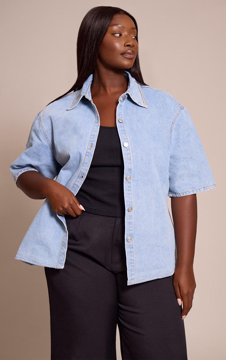 Plus Light Blue Wash Fabric Covered Button Detail Denim Shirt