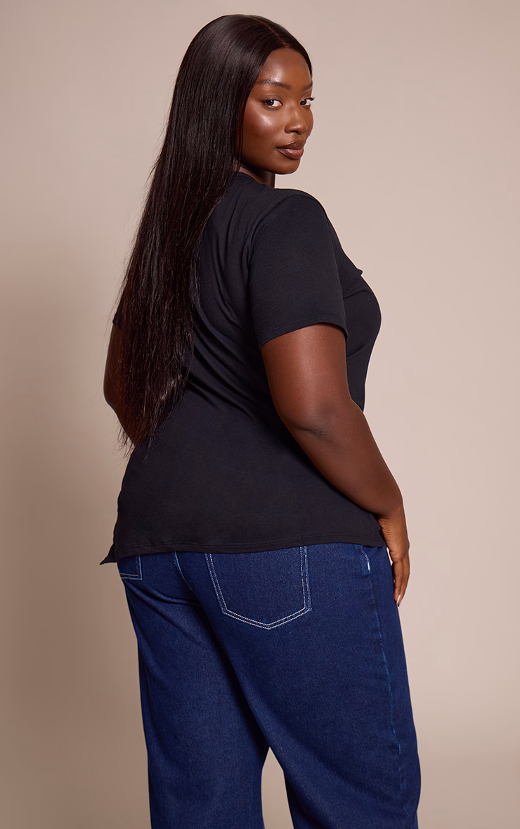 Plus Black Cotton Ruched Side Asymmetric Hem T-shirt