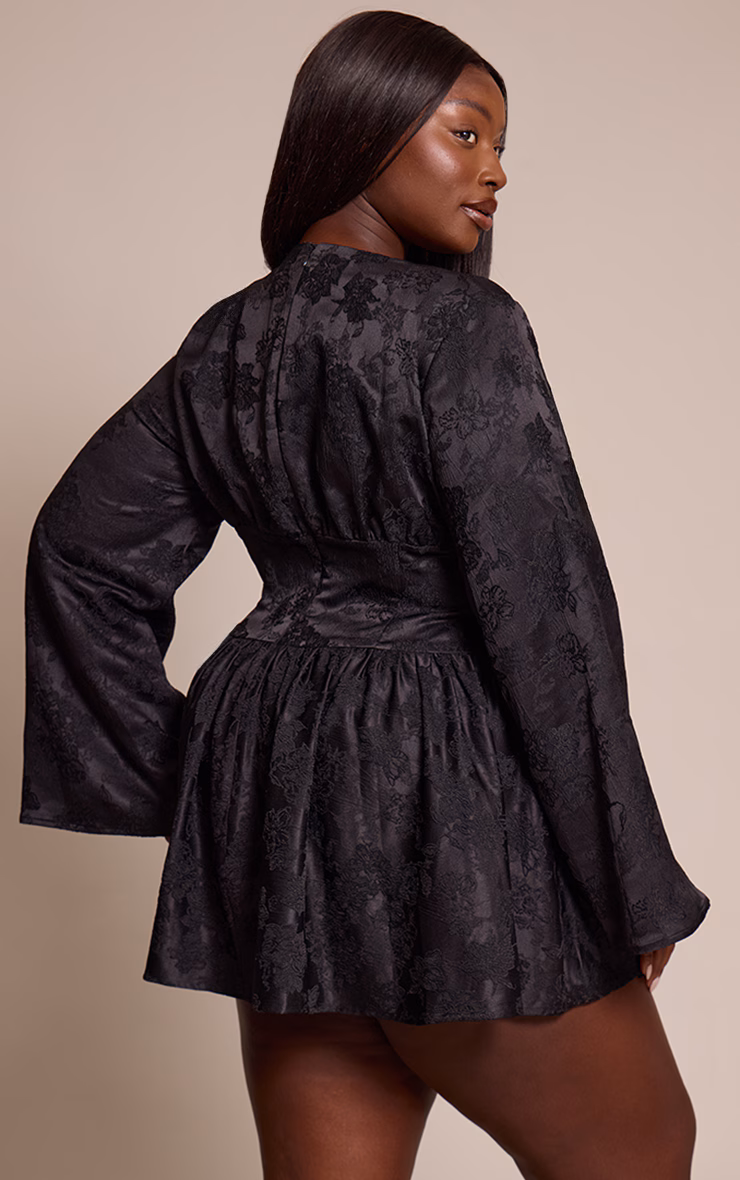 Plus Black Floral Jacquard Flute Sleeve Mini Dress