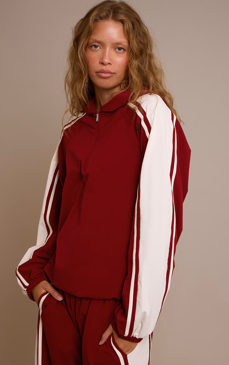 Red Shell Contrast Stripe Wide Leg Track Pants