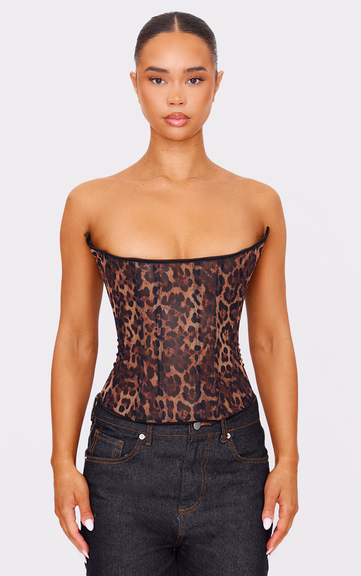 Leopard Print Mesh Lace Up Detail Bandeau Corset