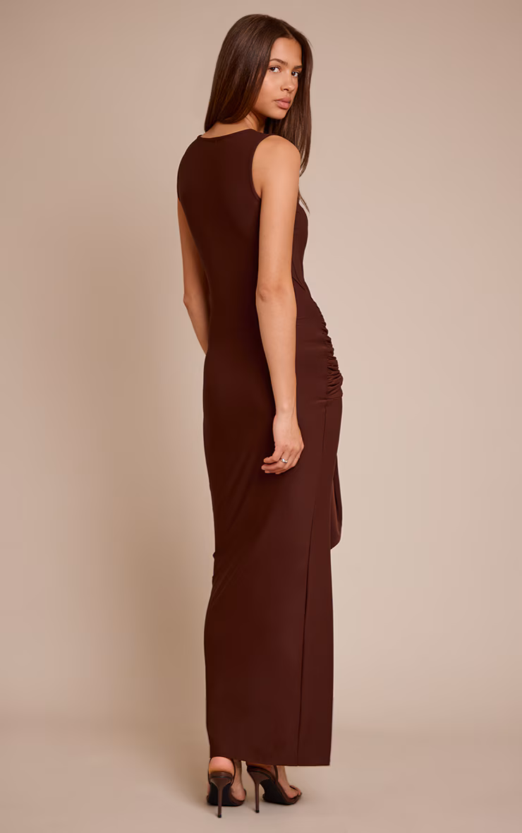 Chocolate Jersey Boat Neck Wrap Detail Maxi Dress