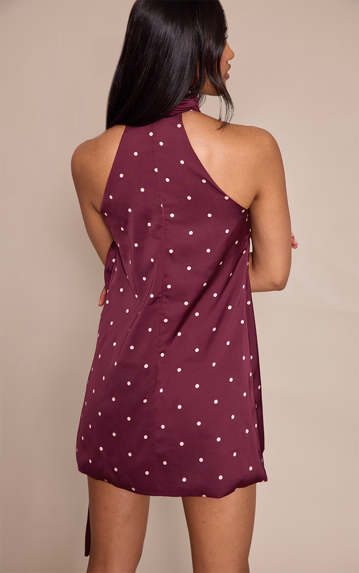 Plum Satin Poka Dot Scarf Mini Dress