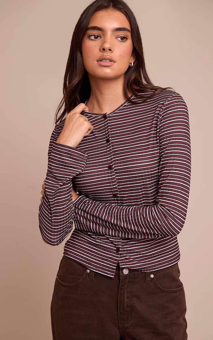 Multi Stripe Rib Button Down Long Sleeve Top