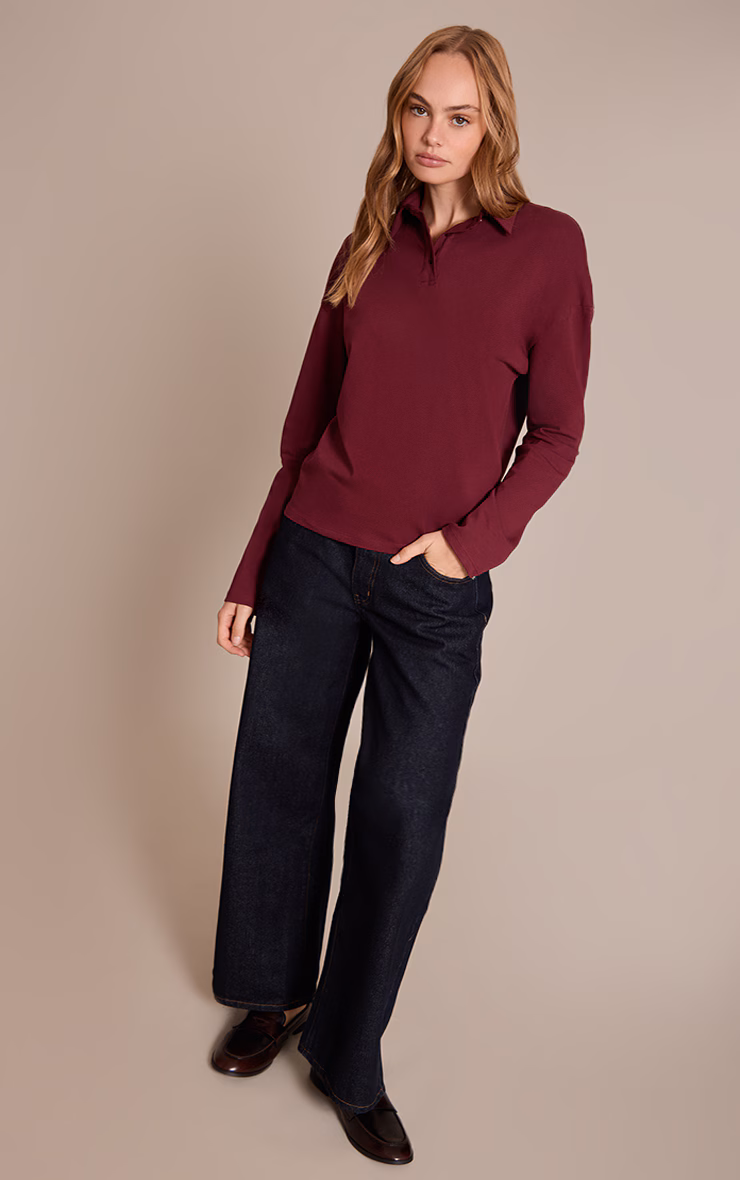 Plum Cotton Polo Collar Long Sleeve Top