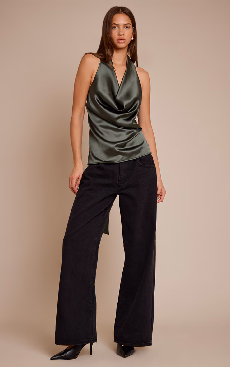 Forest Green Satin Drape Plunge Cowl Top