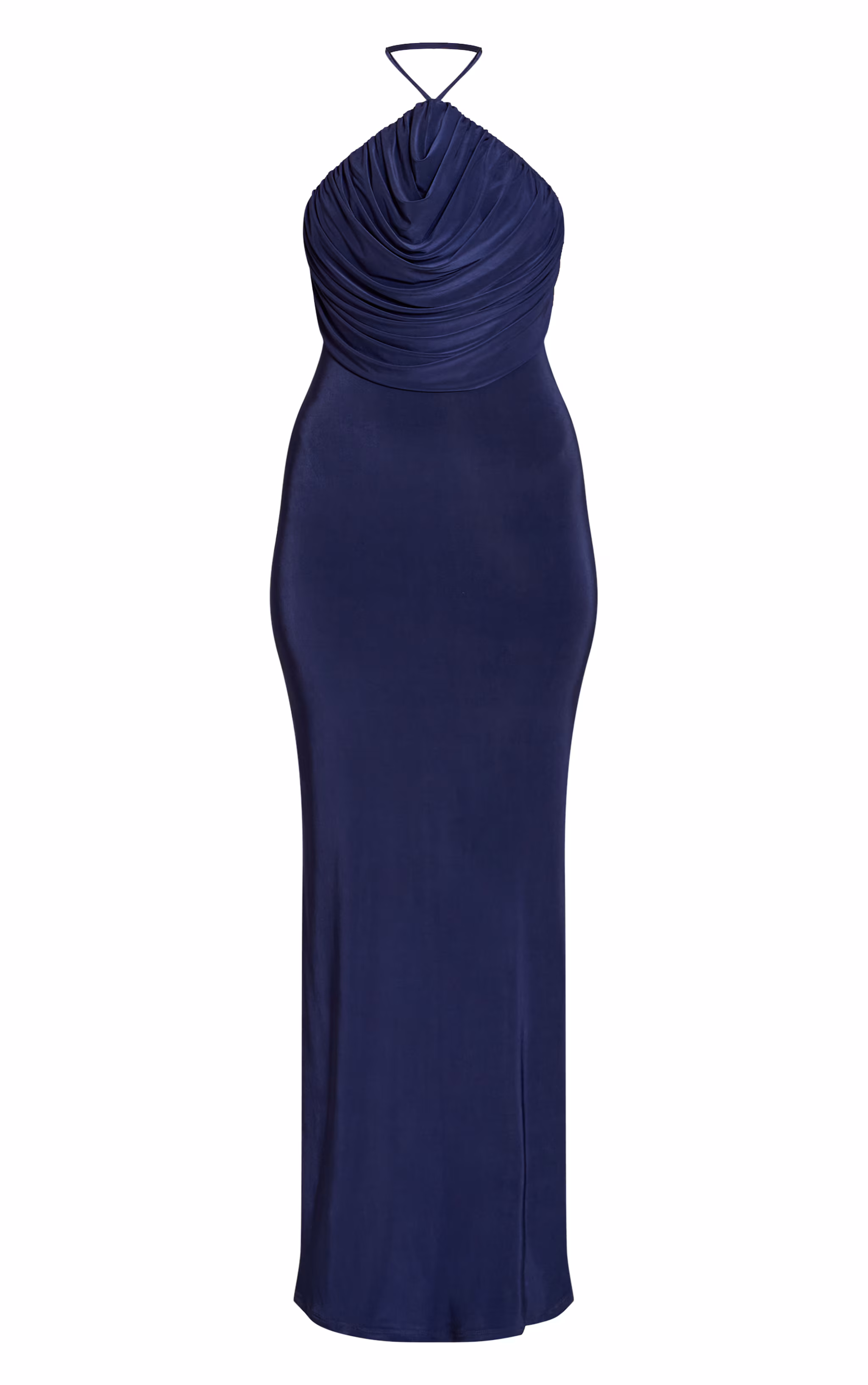 Navy Slinky Halterneck Draped Detail Maxi Dress
