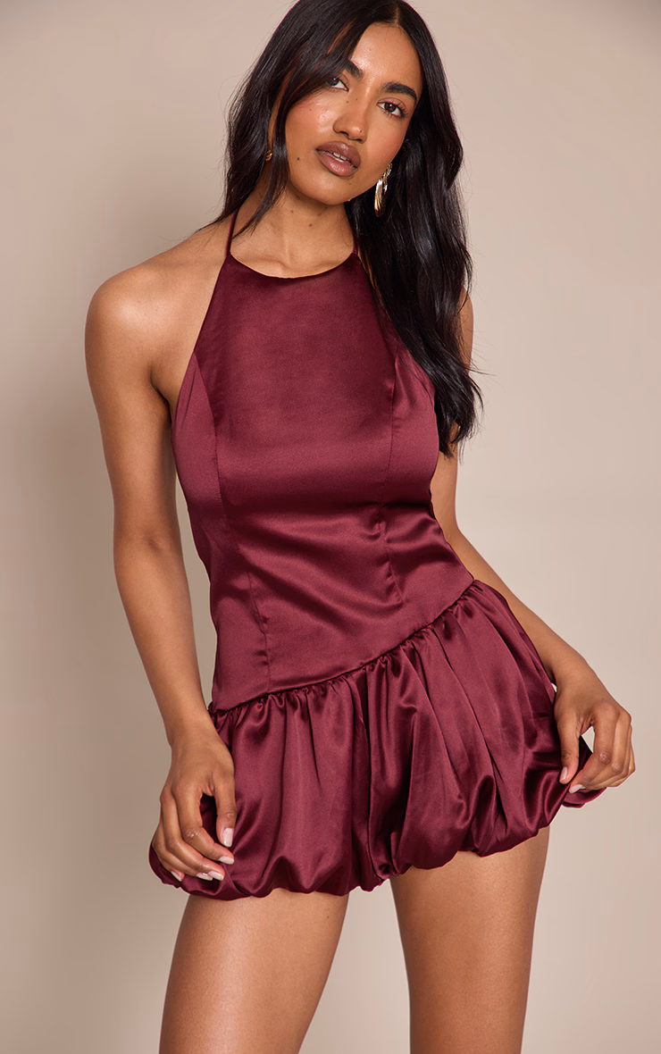 Plum Satin Halterneck Puff Ball Romper