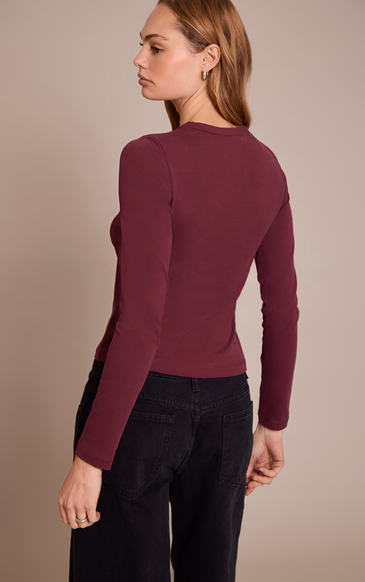 Wine Soft Cotton Crew Neck Longline Long Sleeve Top