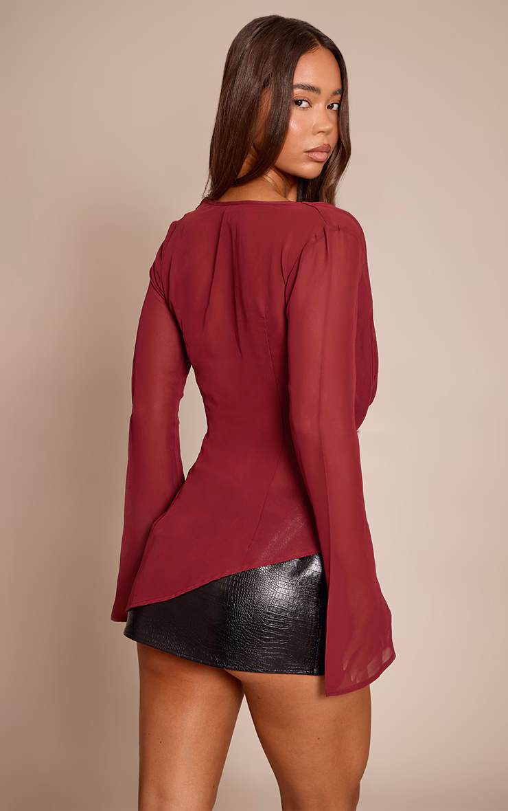Wine Chiffon Cowl Plunge Blouse