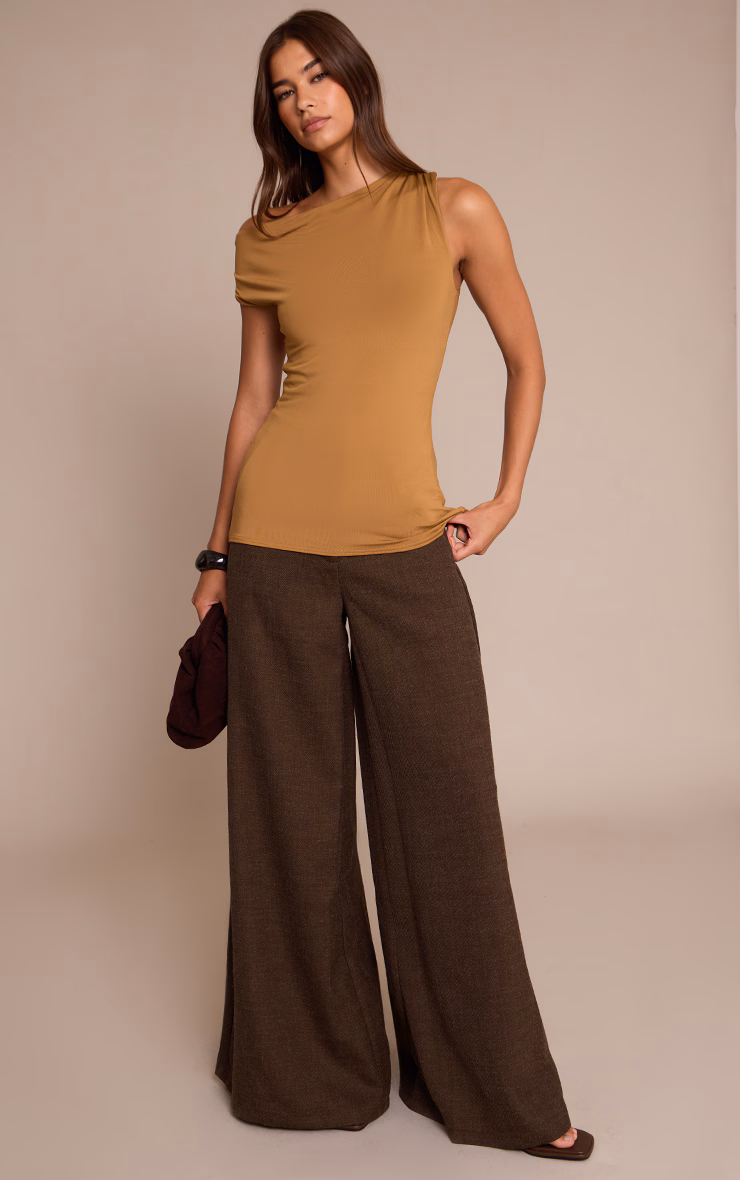 Tan Slinky Asymmetric Ruched Detail Long Top