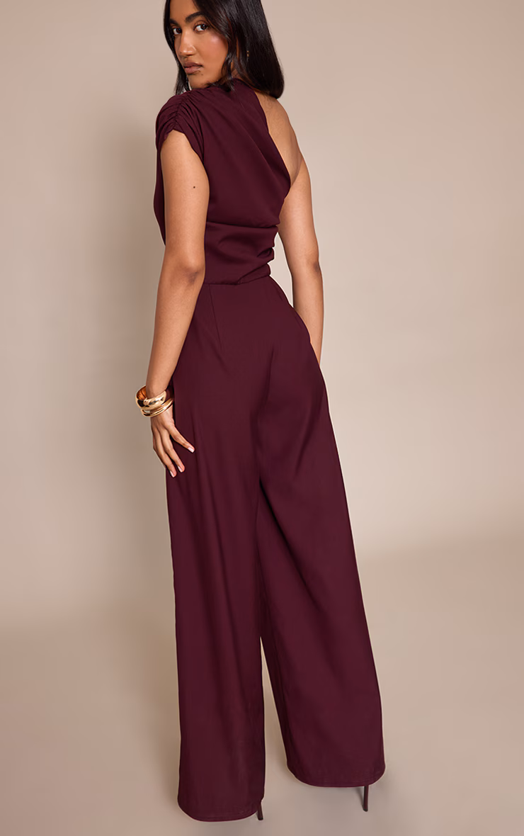 PLT Label Plum Asymmetric Ruched Wide Leg Jumpsuit