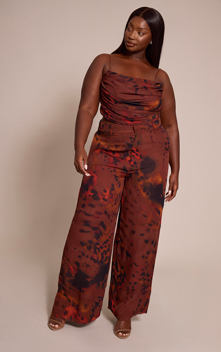 Plus Brown Printed Chiffon High Waisted Wide Leg Pants