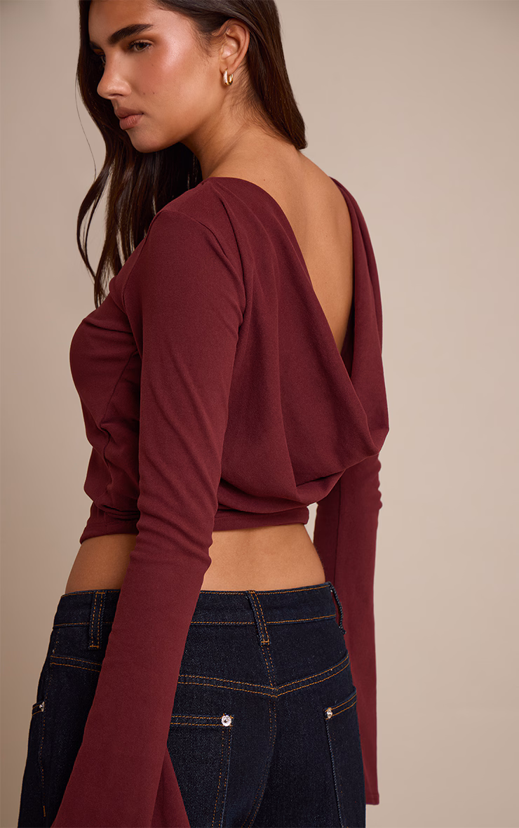 Wine Ultra Soft Cowl Back Drapey Long Sleeve Top
