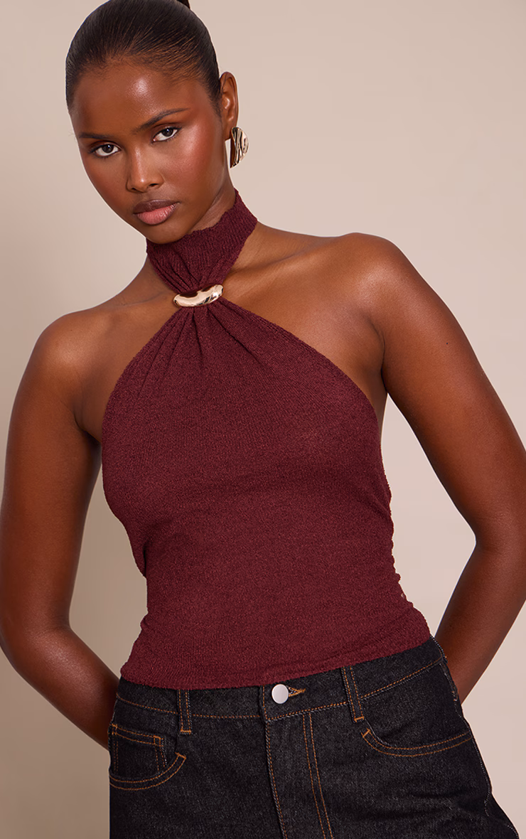 Burgundy High Neck Cuff Detail Knitted Top