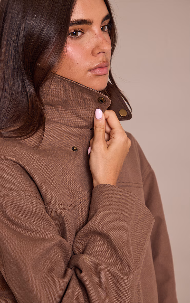 Chocolate PU Collar Twill Oversized Trucker Jacket