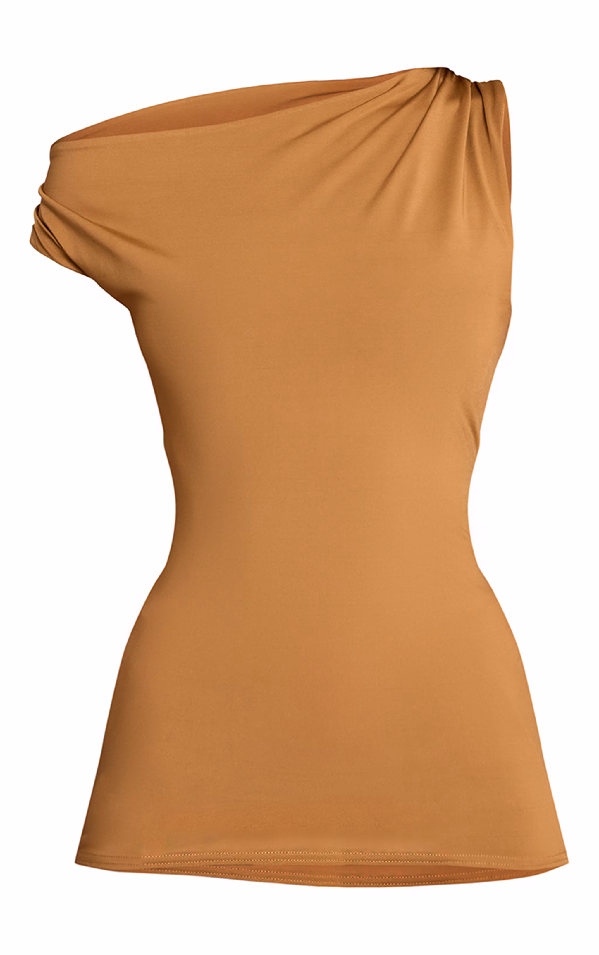 Tan Slinky Asymmetric Ruched Detail Long Top