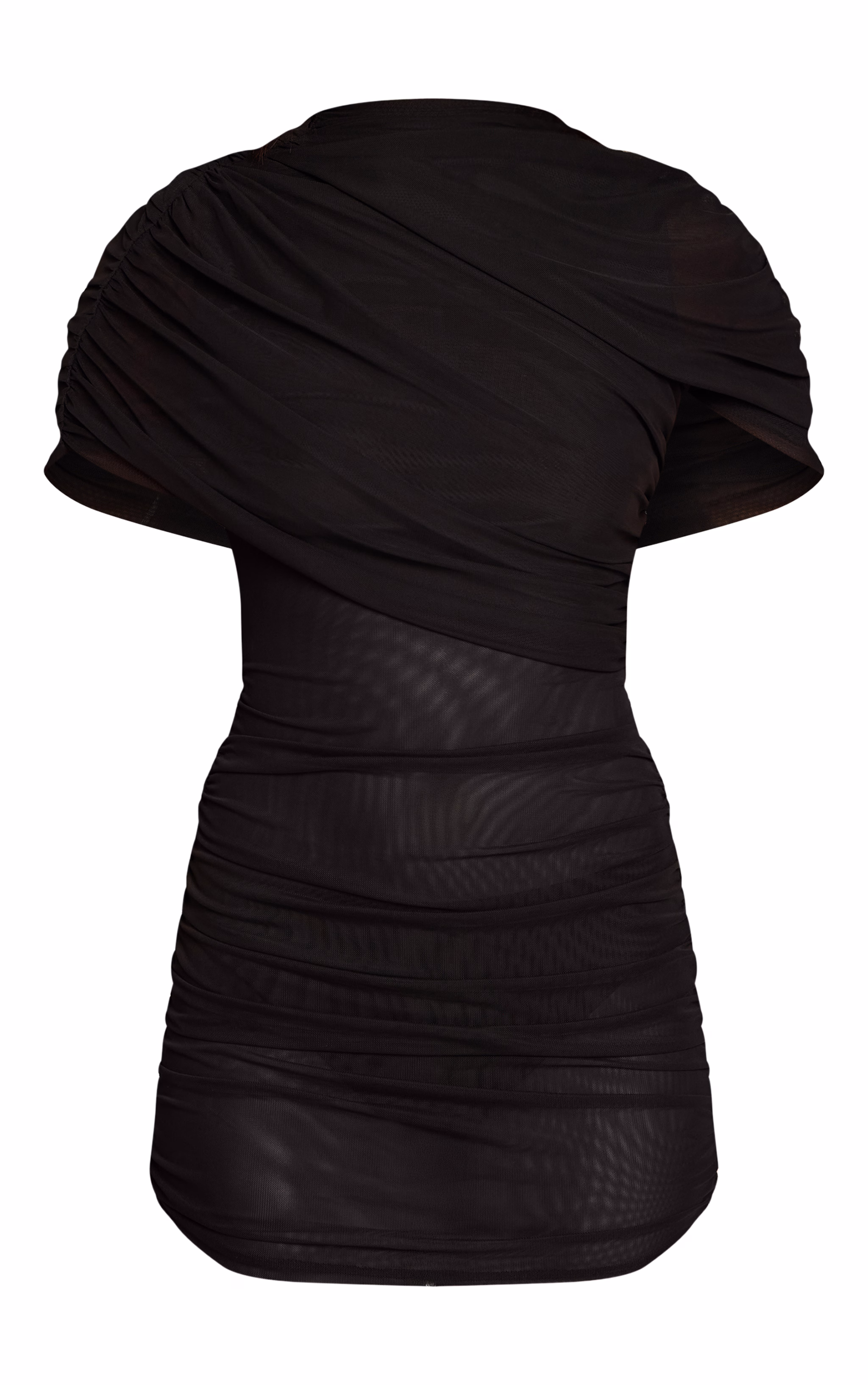 Black Mesh Overlay Ruched Short Sleeve Mini Dress