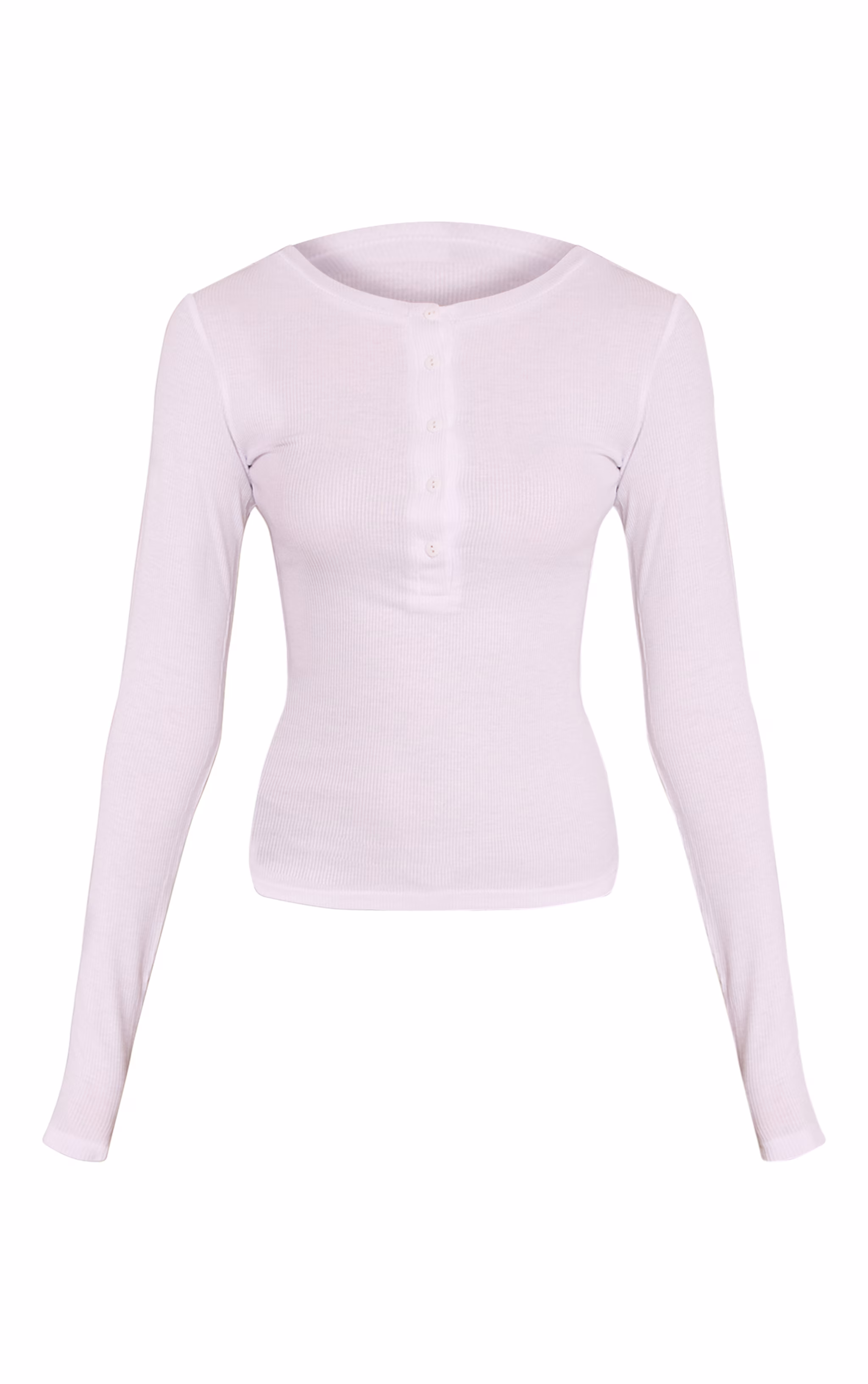 White Soft Rib Button Up Fitted Long Sleeve Top