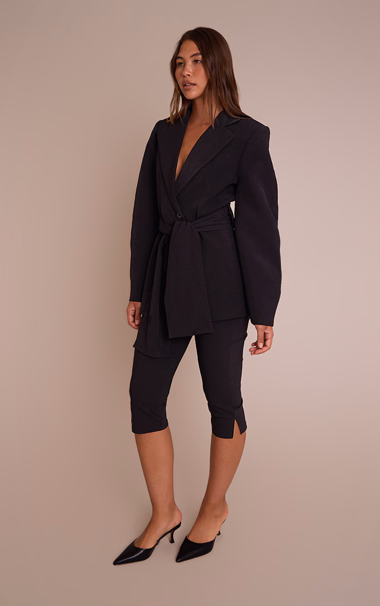 Black Gathered Wrap Waist Belted Blazer