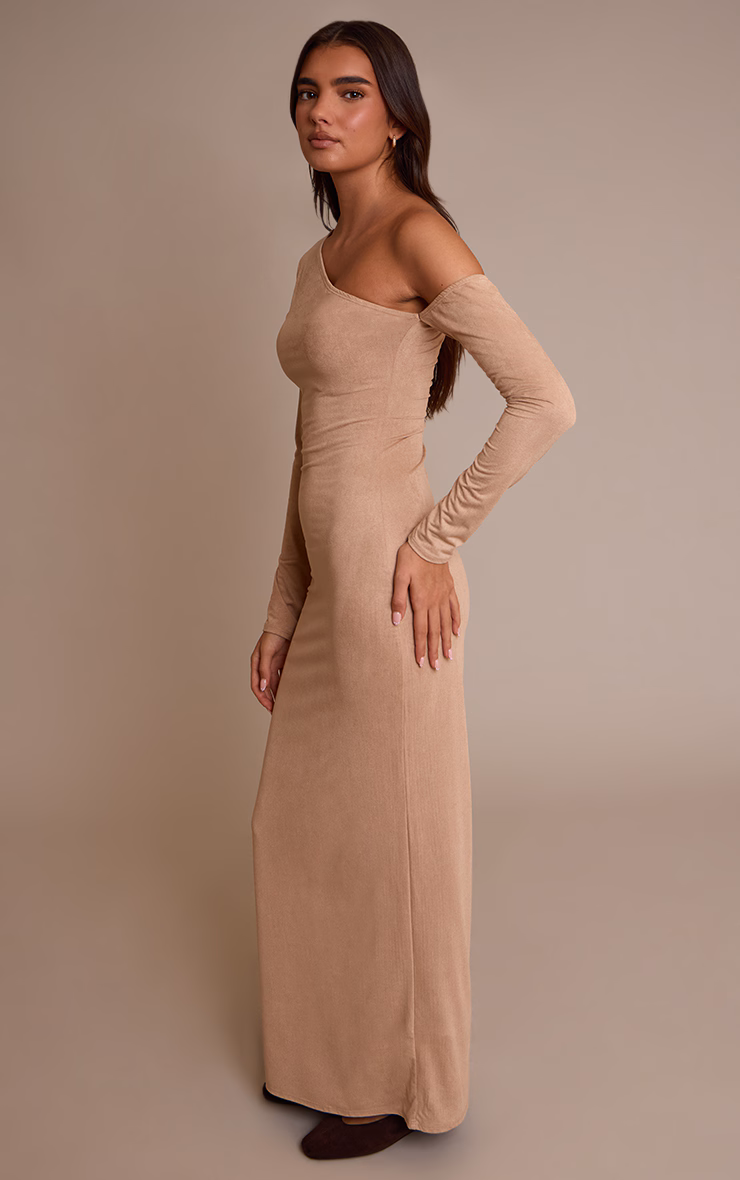 Sand Faux Suede Asymmetric Maxi Dress