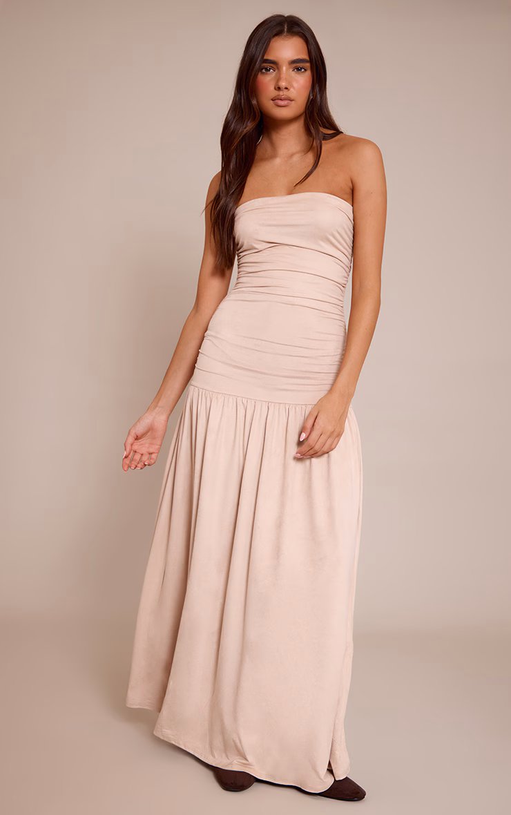 Taupe Faux Suede Bandeau Dropped Waist Maxi Dress