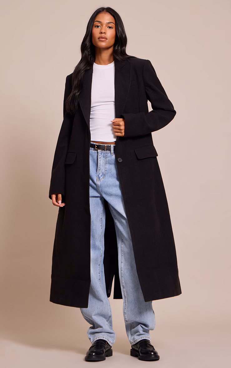 Tall Black Single Breasted Seam Detail Wool Look Maxi Coat
