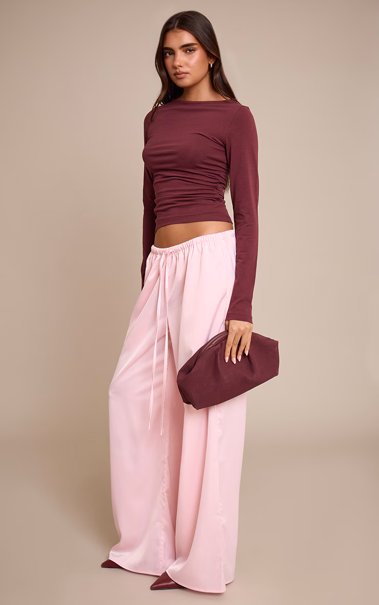 Baby Pink Satin Low Rise Wide Leg Tie Waist Pants