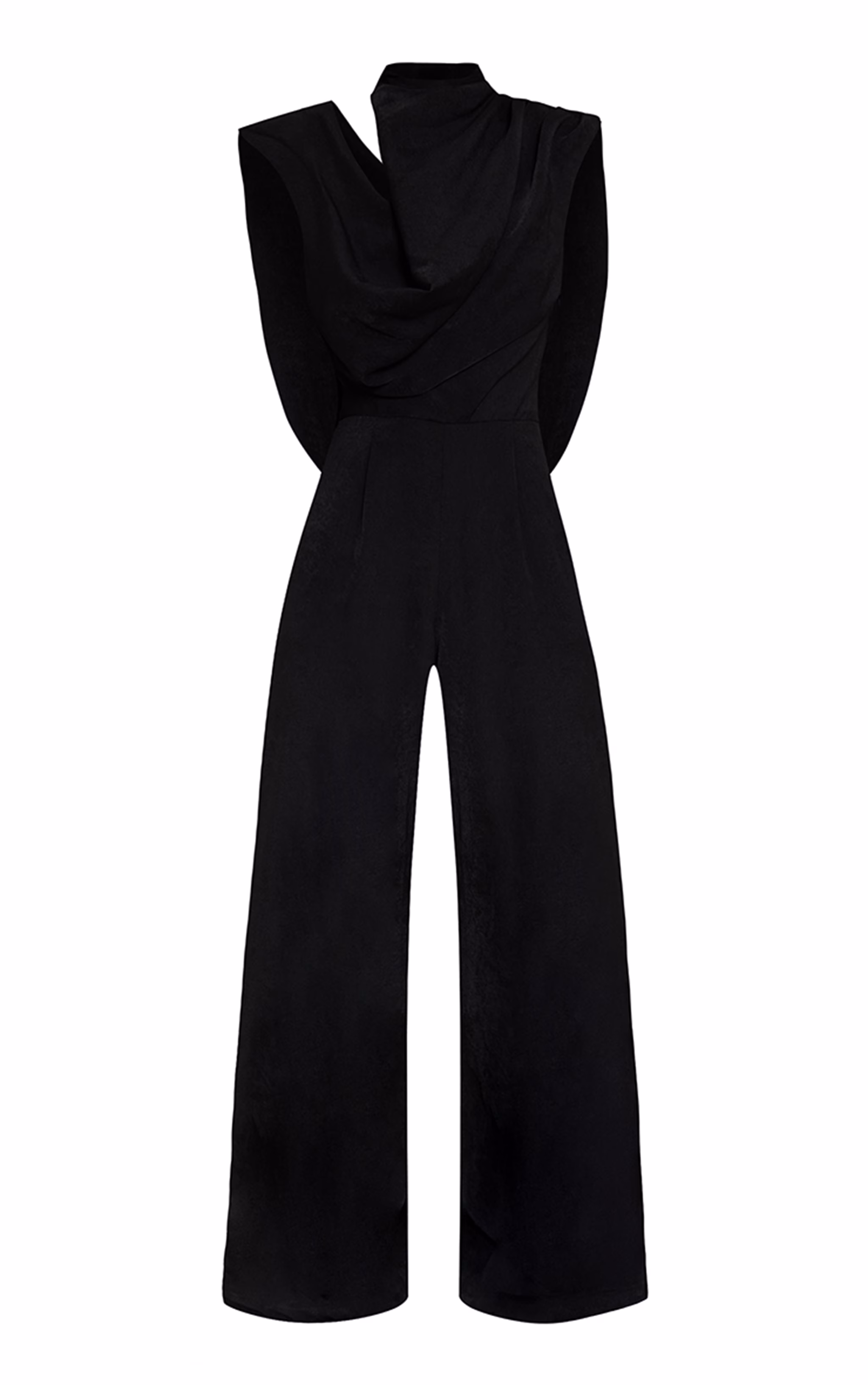 Premium Black Woven Asymmetric Cowl Drape Back Jumpsuit