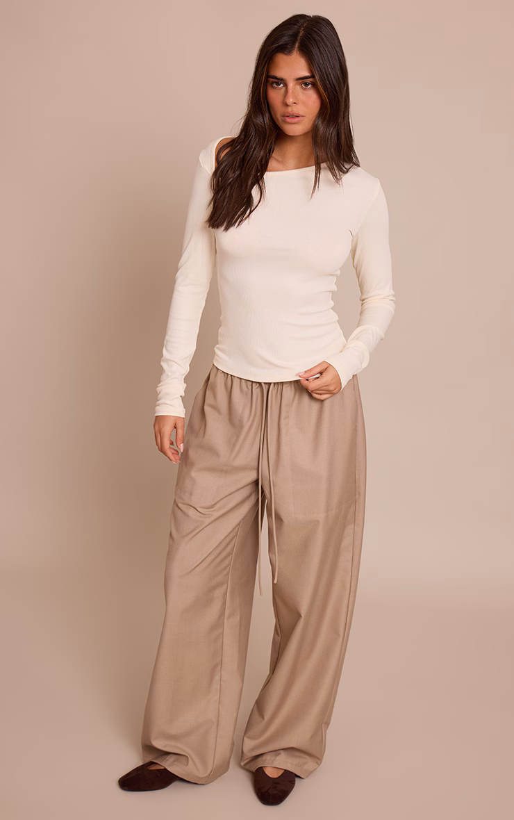 Cream Soft Rib Asymmetric Detail Fitted Longline Top